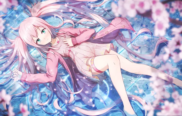 Water, girl, branches, Sakura, lies, vocaloid, anime, art
