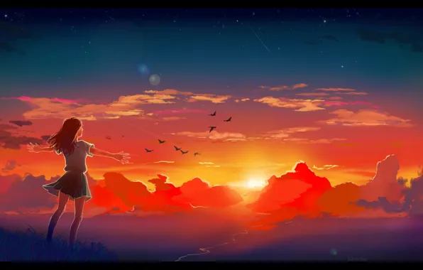 The sky, the sun, clouds, joy, happiness, birds, dawn, girl