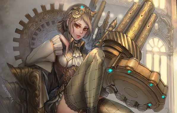 Girl, weapons, art, steampunk, sitting, hellcherr