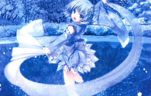 Water, girl, stars, trees, night, nature, lake, anime