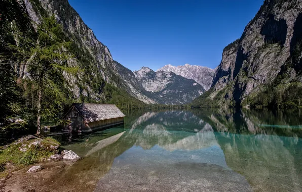 Picture mountains, stones, Germany, Bayern, house, lake Königssee