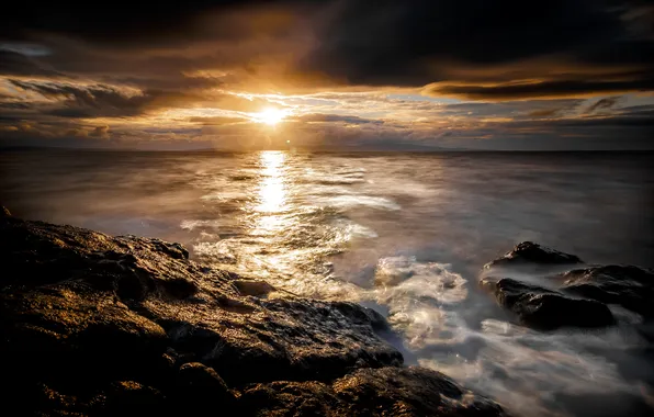 Picture sea, the sky, the sun, clouds, sunset, stones, dawn, shore