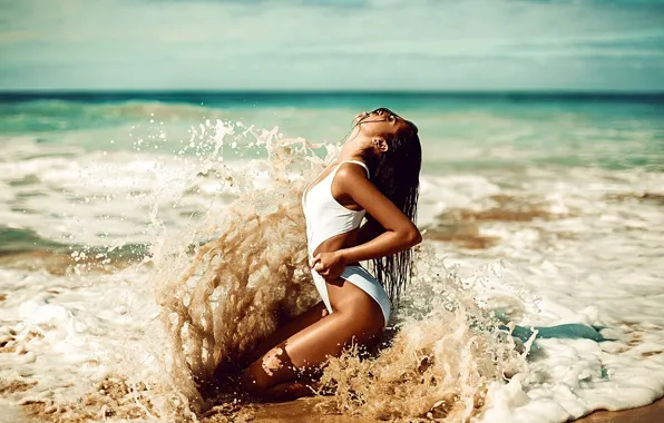 Picture sea, swimsuit, girl, wave, brunette