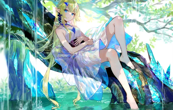 Water, girl, tree, elf, fantasy
