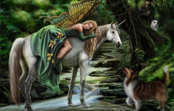Girl, dog, fairy, fantasy, art, unicorn, hunter, Faerie steed