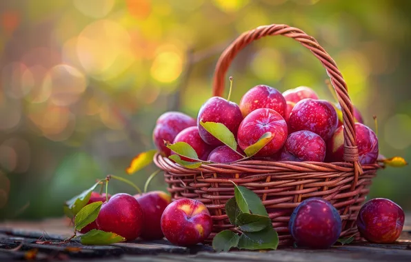 Summer, leaves, light, table, Board, harvest, fruit, basket