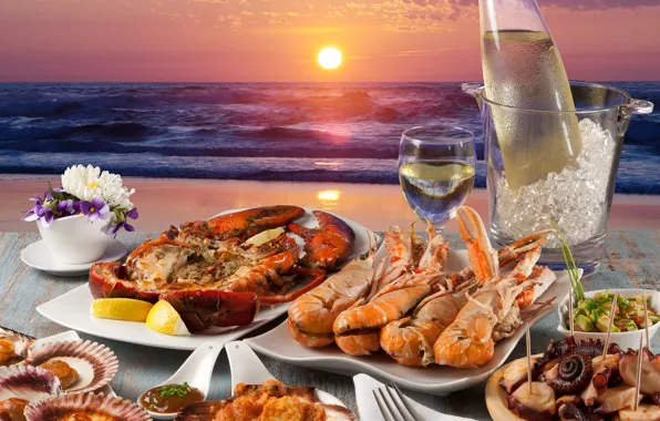 Ice, sea, wine, seafood, mussels, lobster, lobster