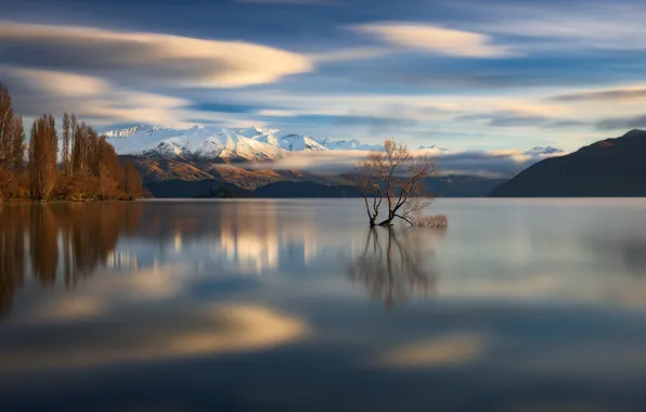 Clouds, trees, mountains, lake, New Zealand