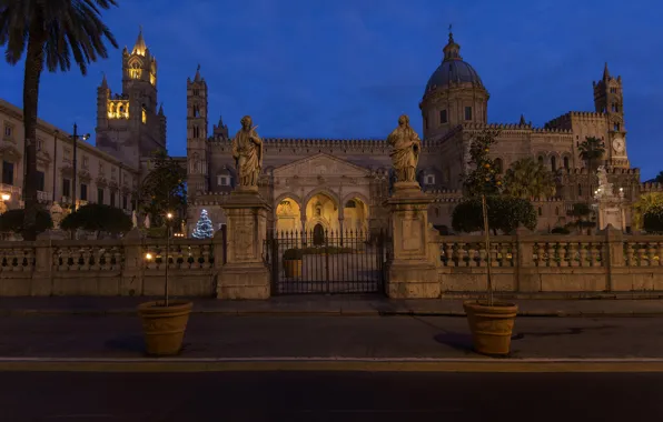 Night, Italy, Cathedral, Sicily, Palermo