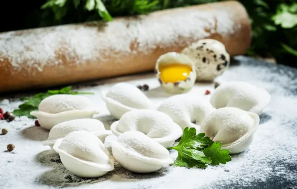 Table, egg, parsley, flour, dumplings, rolling pin, cooking dumplings, ready for cooking