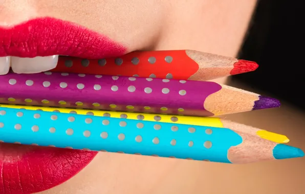 Picture teeth, pencils, lips, lips, teeth, pencils, bright lipstick, bright lipstick