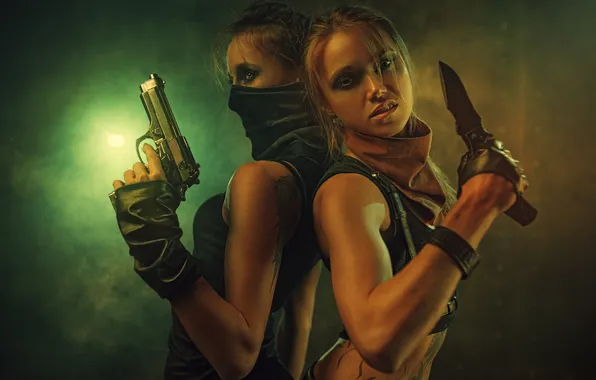 Gun, weapons, background, girls, two, portrait, knife, poses