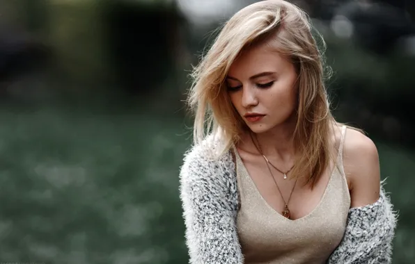 Portrait, makeup, dress, hairstyle, blonde, beauty, jacket, bokeh