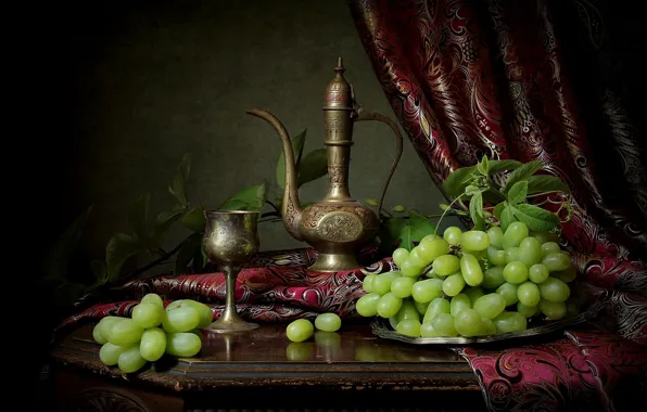 Picture style, glass, grapes, pitcher, still life, blind