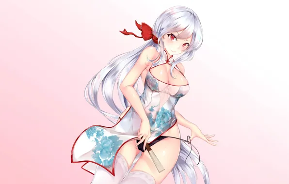 Girl, sexy, lingerie, cleavage, panties, thighhighs, long hair, dress