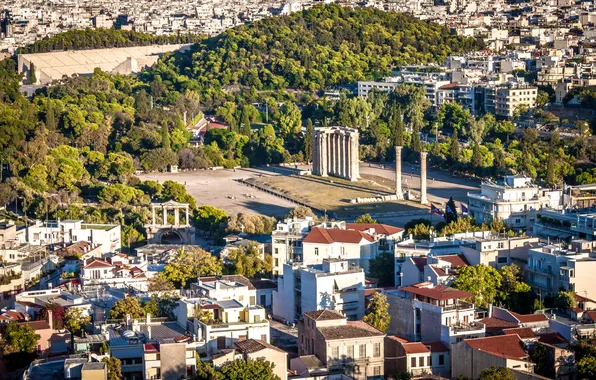 Trees, home, Greece, area, columns, architecture, the view from the top, Athens