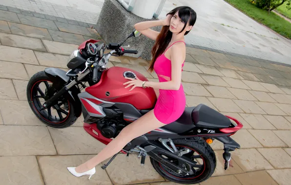 Look, girl, motorcycle, Asian, beautiful girl, posing on a motorcycle, beautiful dress, SYM T2