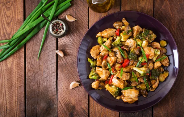 Mushrooms, chicken, bow, pepper, sauce, garlic, broccoli