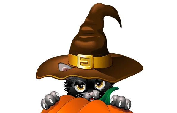 Picture look, holiday, vector, hat, claws, Halloween, pumpkin, black cat