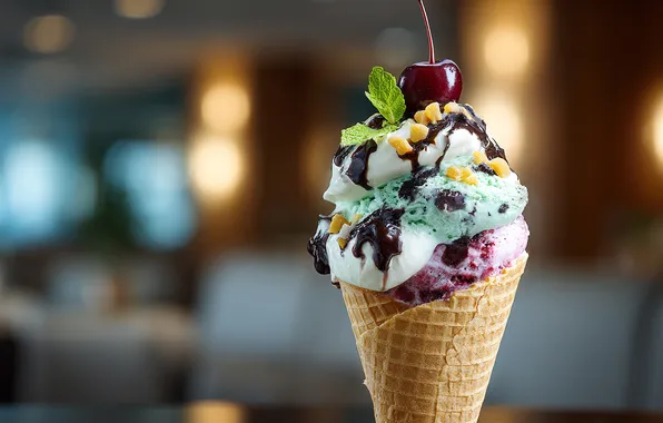 Cherry, berry, ice cream, horn, mint, dessert, cherry, bokeh