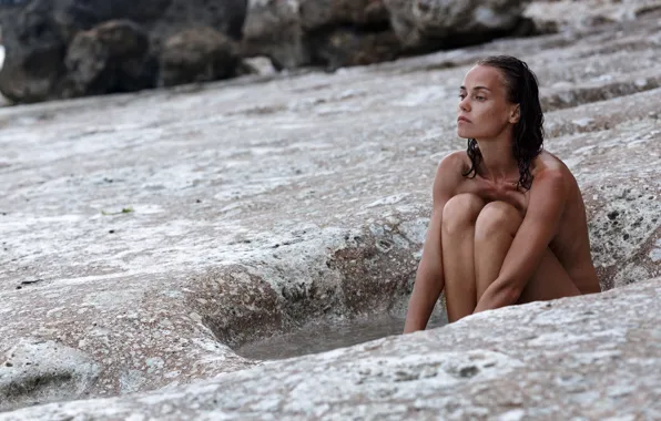 Look, stones, naked, actress, beautiful, wet hair, knees, skinny