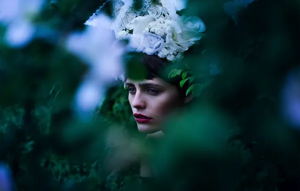 Picture greens, girl, flowers, makeup, bokeh, Maybe It Was Peace At Last