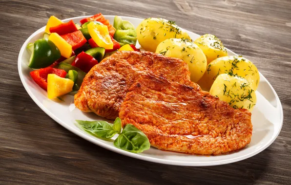 Meat, pepper, vegetables, potatoes