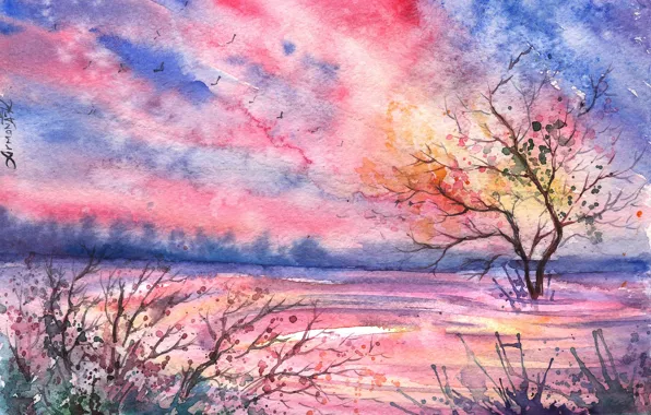 Picture clouds, birds, tree, the evening, watercolor, painted landscape