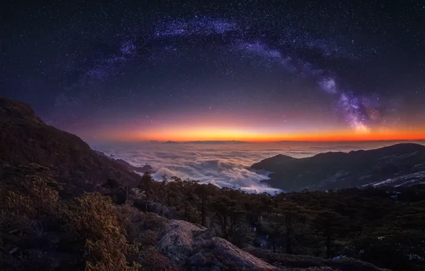 Picture the sky, stars, light, mountains, night, fog, the way, the evening
