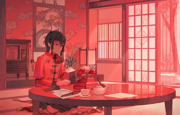Phone, screen, guy, in the room, Chinese painting, qipao, at the table, Cup of tea