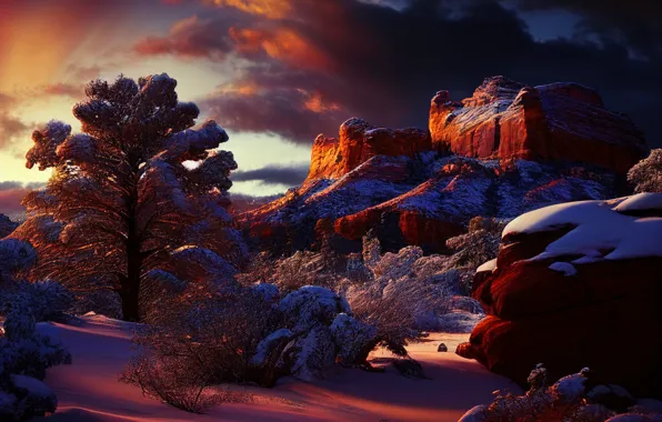 Winter, the sky, light, snow, landscape, sunset, mountains, clouds
