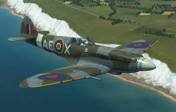 Britain, Frontline fighter, Reginald Mitchell, Spitfire Mk.XIVc over the cliffs of Dover