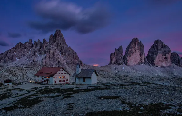 Mountains, house, twilight, The Dolomites