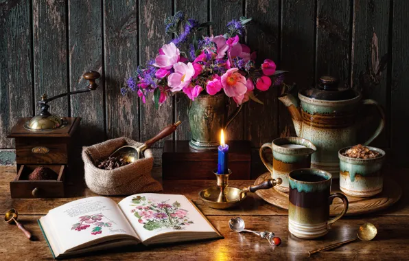 Flowers, style, candle, bouquet, mug, book, still life, coffee beans