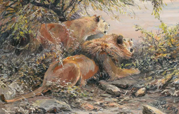 Trees, Picture, Two, Predators, Big Cats, German artist, Wilhelm Lorenz, Wilhelm Lorenz