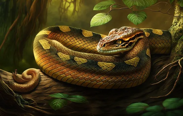 Look, Snake, Trees, Leaves, Reptile, Animal, Digital art, Viper