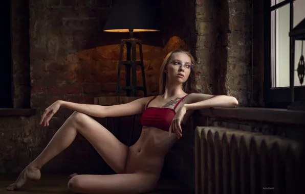 Girl, pose, wall, model, body, lamp, brick, makeup