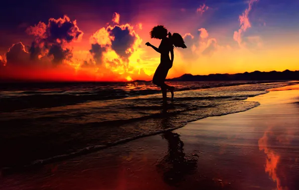 Sunset, angel, silhouette, surf