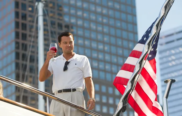 Picture the film, glass, drama, Leonardo DiCaprio, flag of America, The wolf of wall street