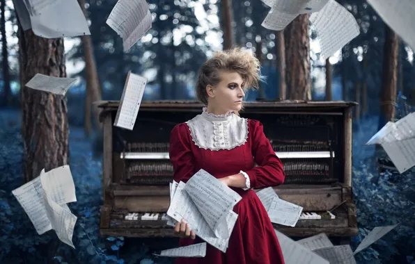 Picture girl, notes, music, piano