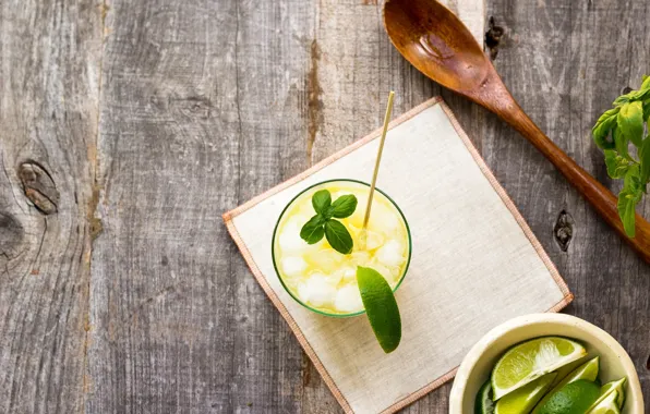 Background, food, spoon, cocktail, fabric, lime, drink, mint