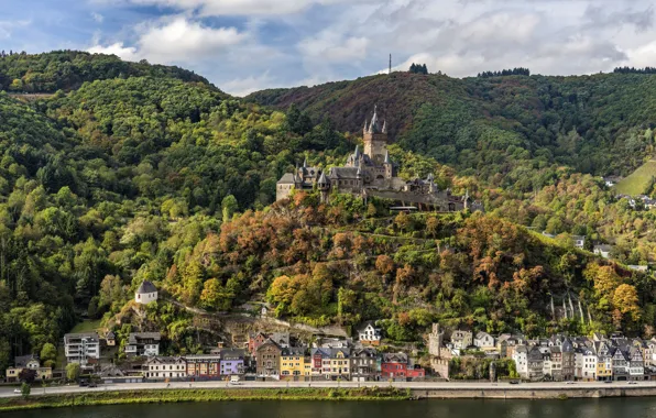 Forest, castle, Germany, panorama, Cochem