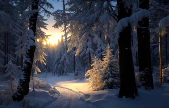 Winter, frost, road, forest, light, snow, trees, nature