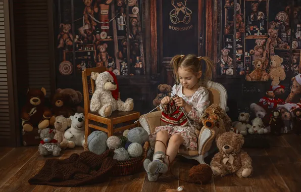 Picture room, toys, chair, chair, girl, bears, child, knitting