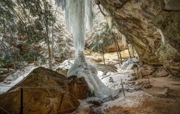 Winter, icicles, cave