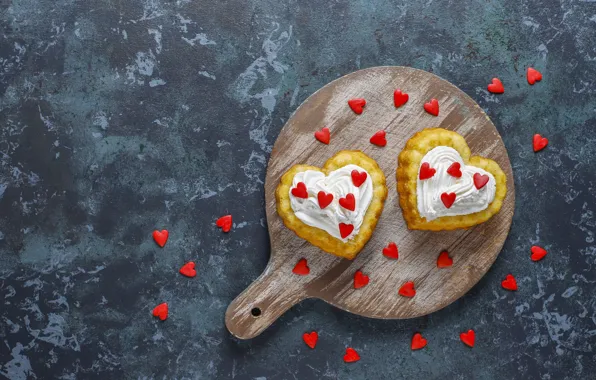 Hearts, blue background, cakes
