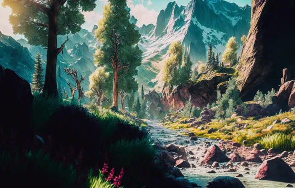 Forest, snow, trees, landscape, flowers, mountains, nature, stream