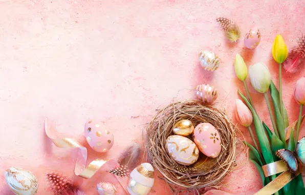 Flowers, eggs, spring, colorful, Easter, happy, pink, flowers