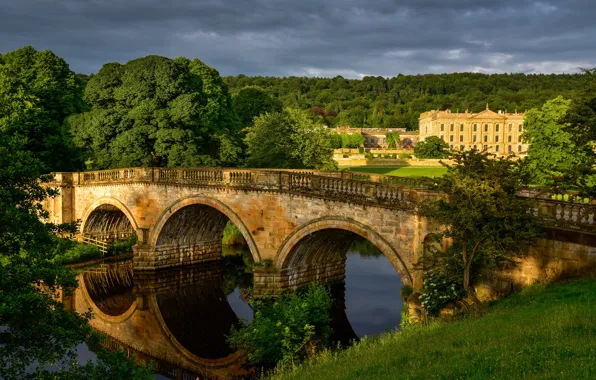 Greens, grass, trees, bridge, river, UK, Palace, Derbyshire