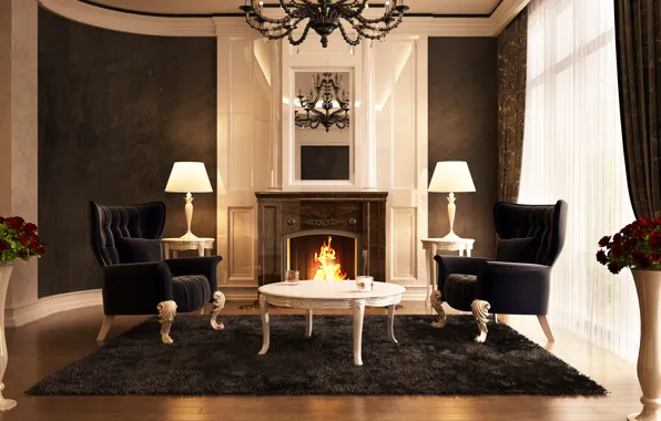 Picture flowers, fire, carpet, mirror, window, chairs, chandelier, fireplace